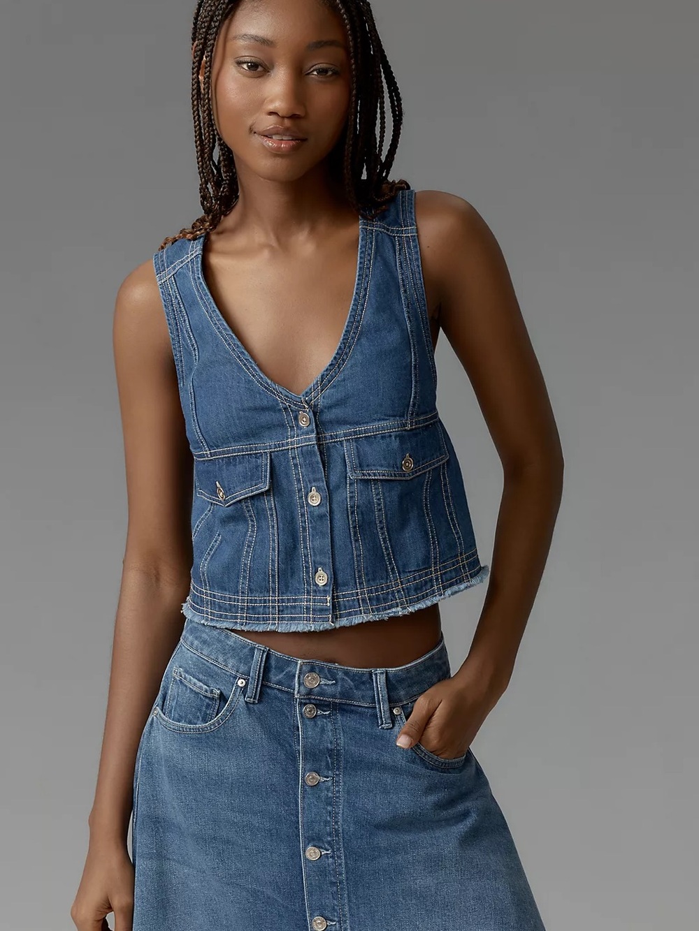 Anthropologie Pilcro Coastal Cutoff V-Neck Denim Top, Denim Dark, Size XXS - Picture 3 of 6